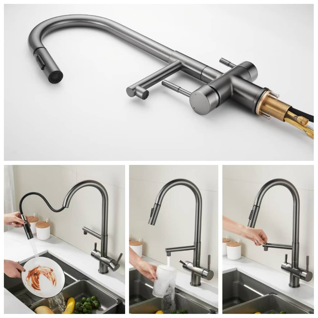 IMG-20250826-WA0011 شیر ظرفشویی شاوری دو منظوره دیکالان با بدنه تمام برنجی، طراحی لویی بلند و نازل دوحالته، انتخابی شیک و بادوام برای آشپزخانههای مدرن است. این شیر در دو رنگ کروم و مشکی عرضه میشود و با نازل مجزای تصفیه آب، استفاده بهینه از فضای سینک را فراهم میسازد.