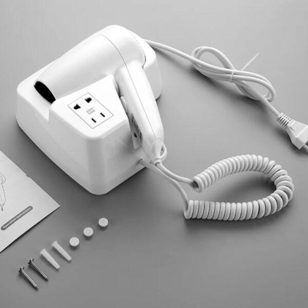 سشوار هتلی هایشن با قابلیت نصب دیواری ۱۲۰۰ وات با طراحی کم‌جا، پریز داخلی، خاموشی خودکار و دو رنگ سفید و مشکی؛ گزینه‌ای مدرن و ایمن برای هتل، سوئیت و استخر.
