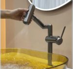 شیر روشویی و ظرفشویی اهرمی هوادیاو با بدنه تمام برنجی، شش حالت مه‌پاشی، اهرم قابل تنظیم و پایه بلند؛ گزینه‌ای حرفه‌ای و مقاوم برای خانواده‌ها و سالن‌ها
